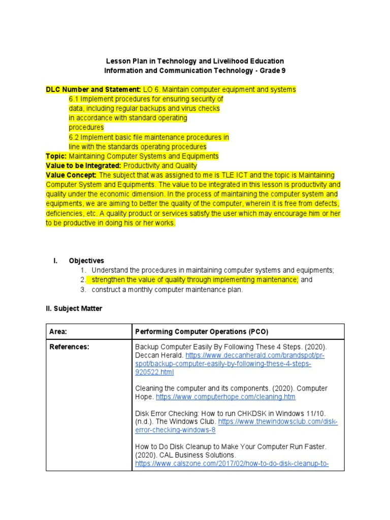 Computer Maintenance Lesson Plan for Grade 9 | PDF | Antivirus Software ...
