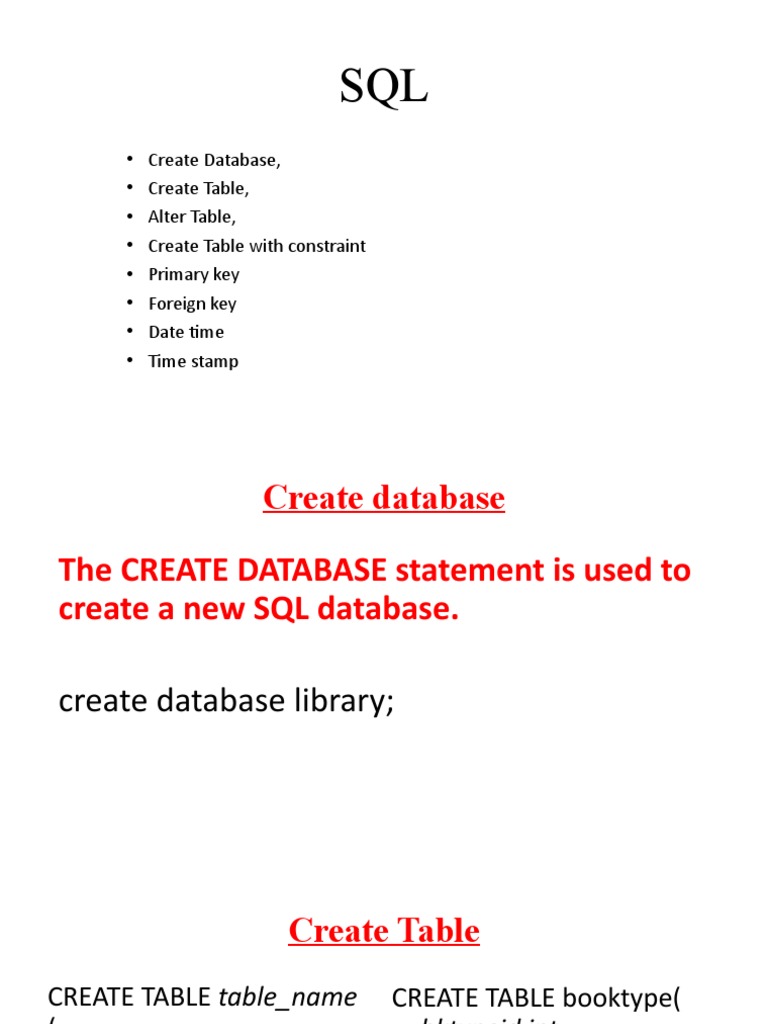 Create Database, Create Table, Alter Table, Create Table With Constraint Primary Key