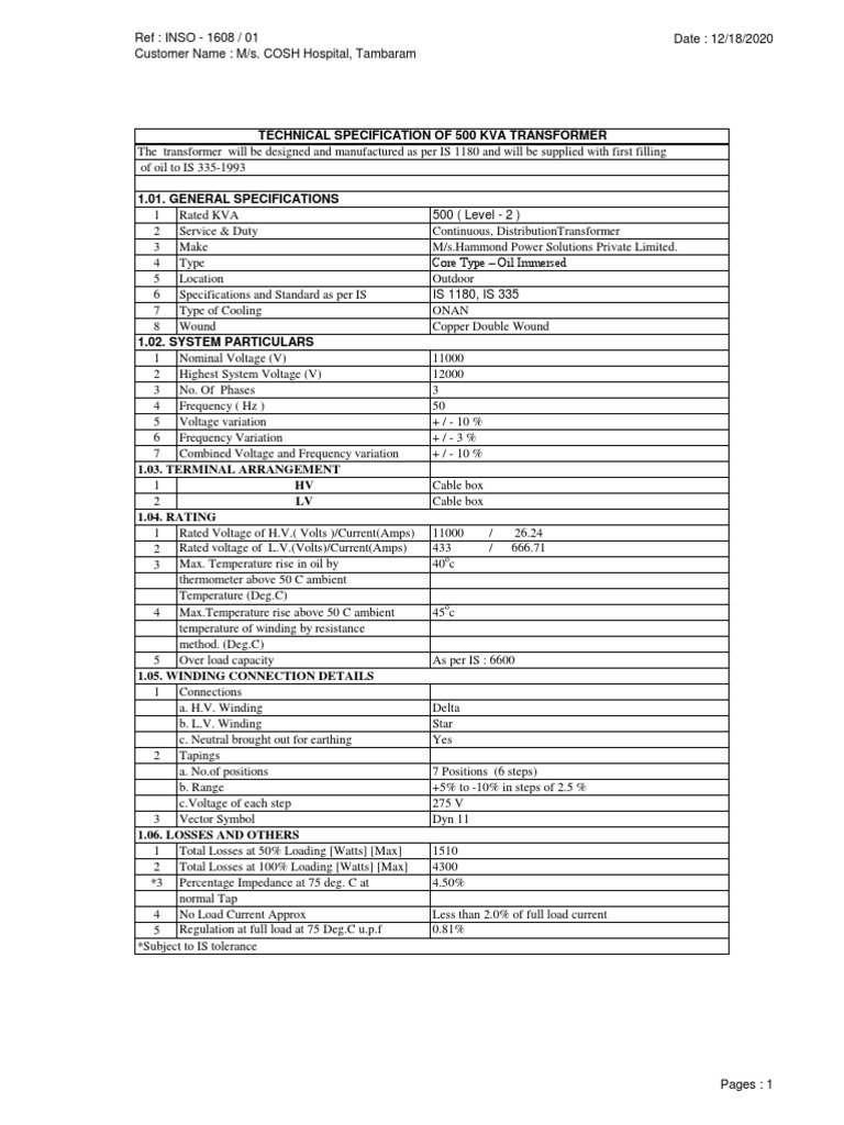 500 KVA Transformer Technical Specs | PDF | Transformer | Insulator ...