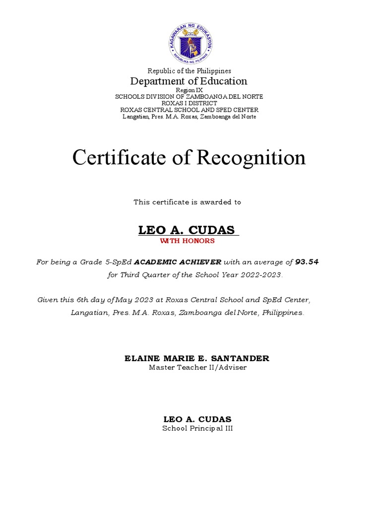 Certificate of Recognition For Learners PDF