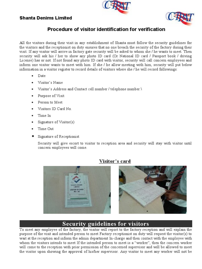 Visitor Identification Procedure at Shanta Denims | PDF | Identity ...