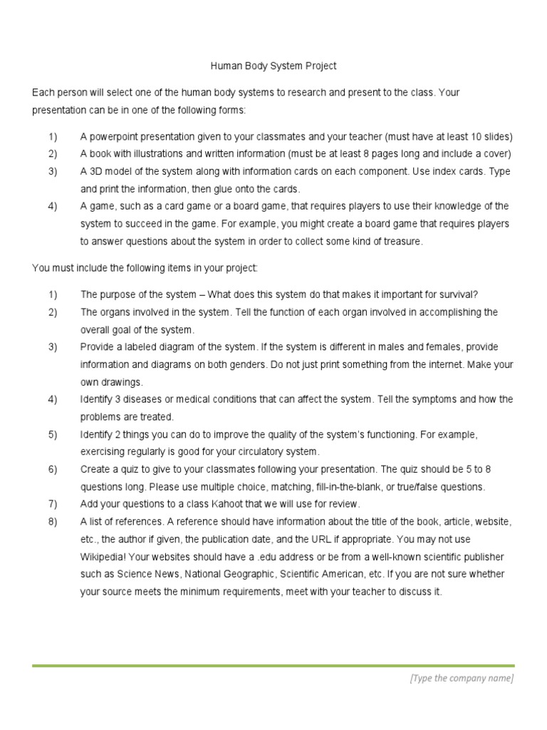 Human Body Systems Project Guide | PDF | Rubric (Academic) | Cognition