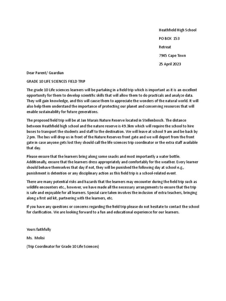 Semi Formal Lettter For The Life Sciences Field Trip Edited PDF