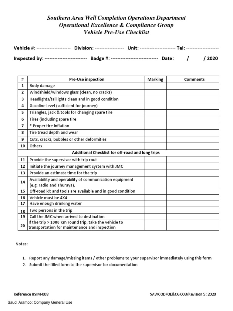 Vehicle Pre-Use Inspection Checklist | PDF