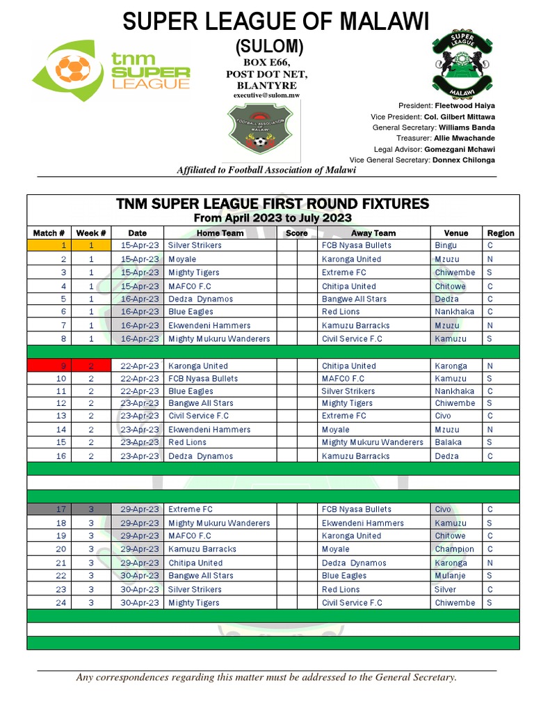 2023 TNM Super League Fixtures PDF Sports Teams Sports Clubs