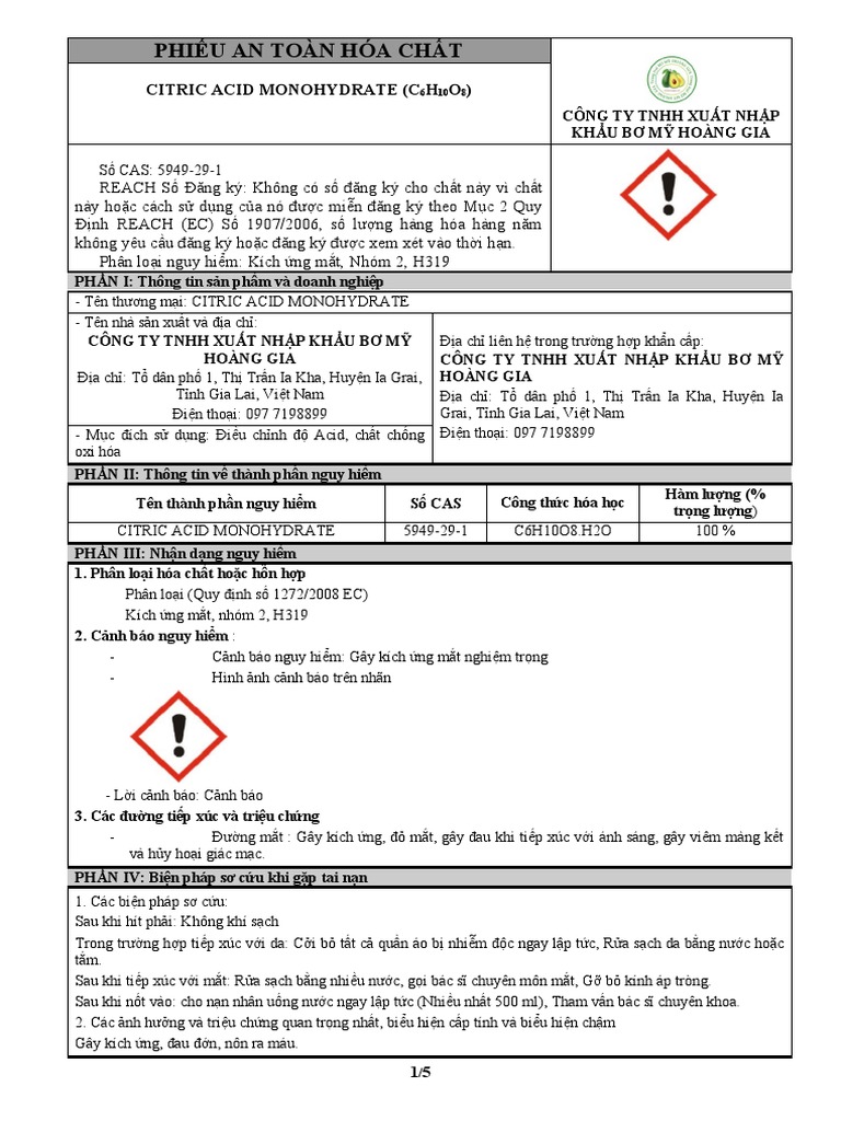 Msds citric acid monohydrate c6h10o8 pdf
