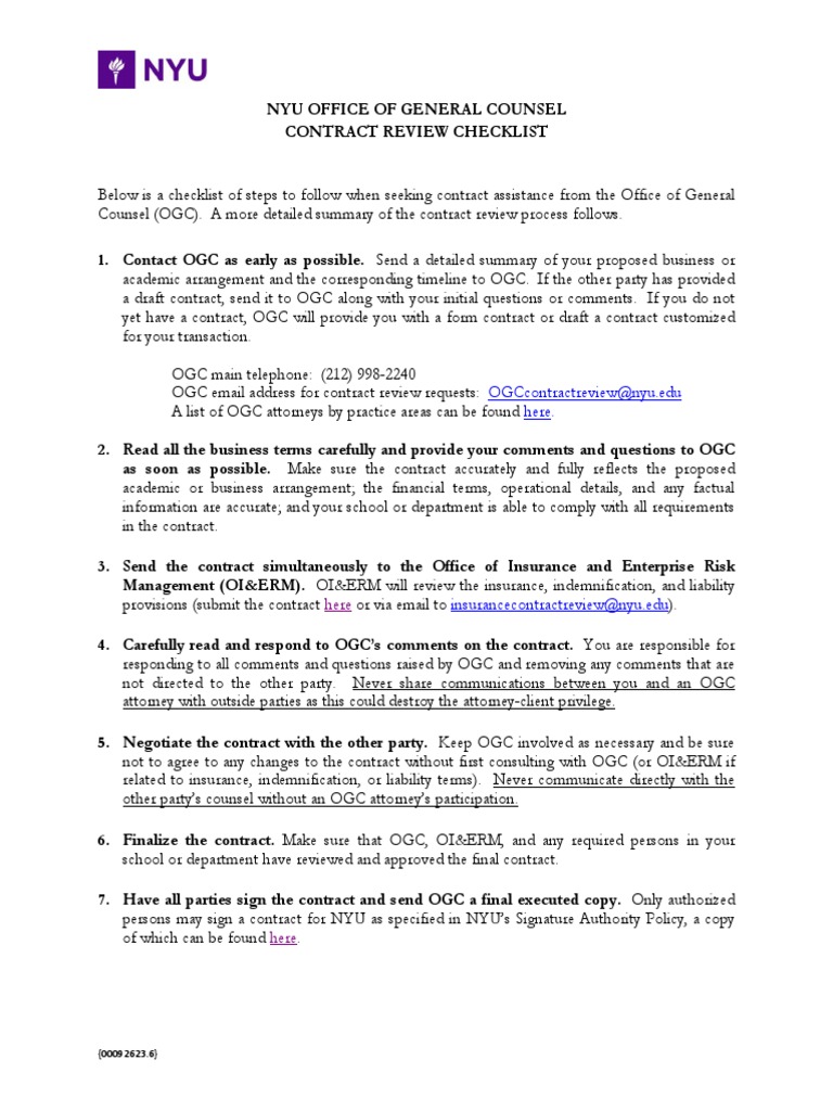 NYU Contract Review Checklist Guidelines PDF Insurance Indemnity