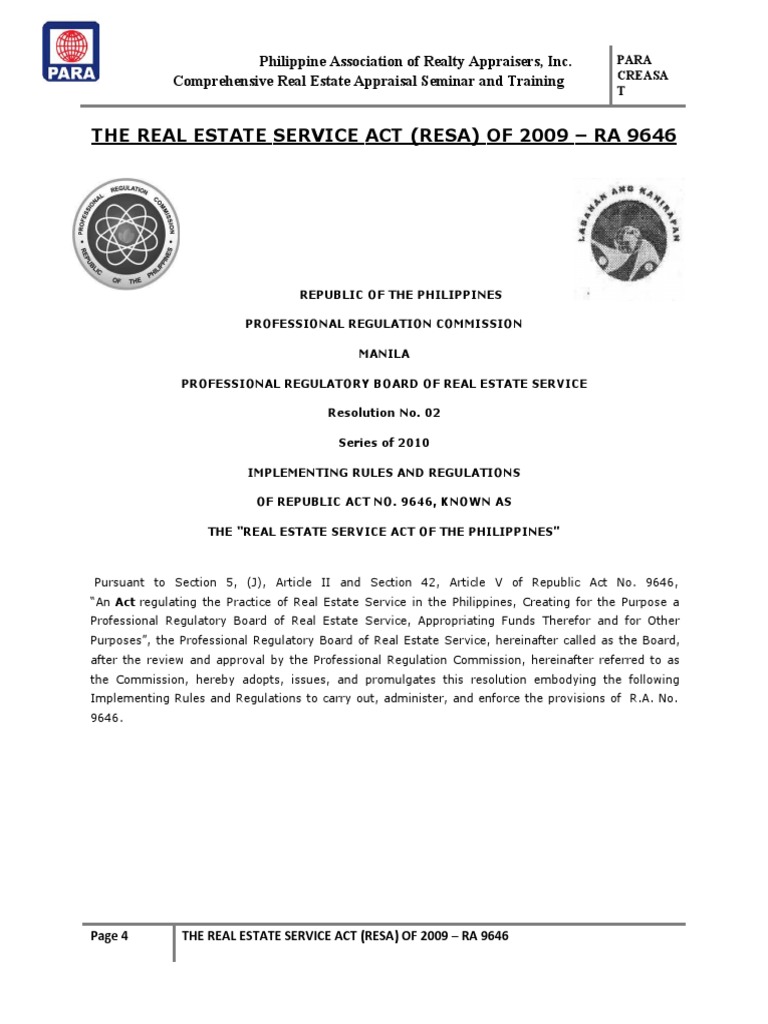 Implementing Rules of RA 9646 (RESA) | PDF | Real Estate Appraisal ...