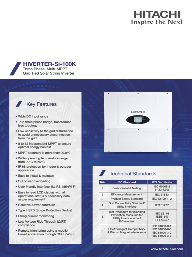 Datasheet Hitachi Solar Inverters India 100kw Three Phase | PDF