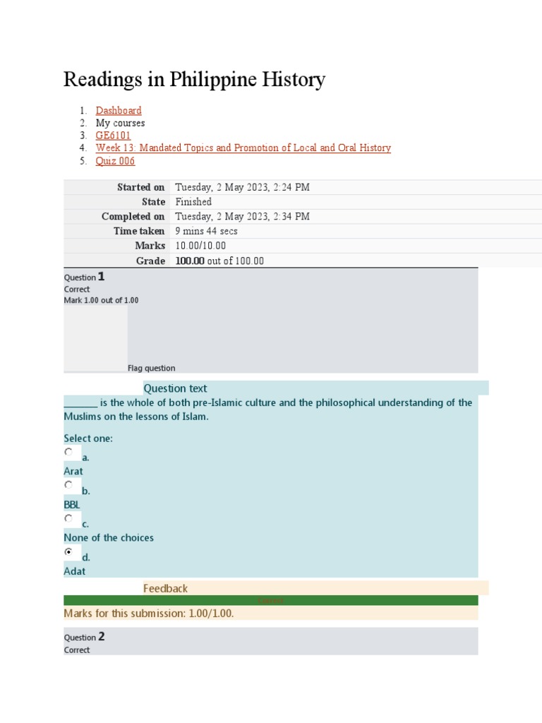Readings in Philippine History Quiz 6 PDF