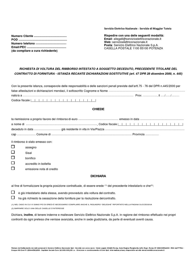 Modulo Richiesta Rimborso Erede | PDF