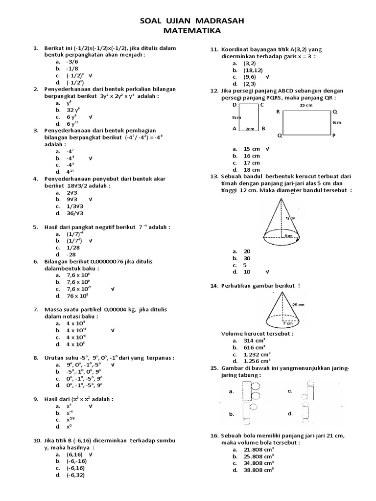 Soal Ujian Matematika Lengkap dan Variatif | PDF