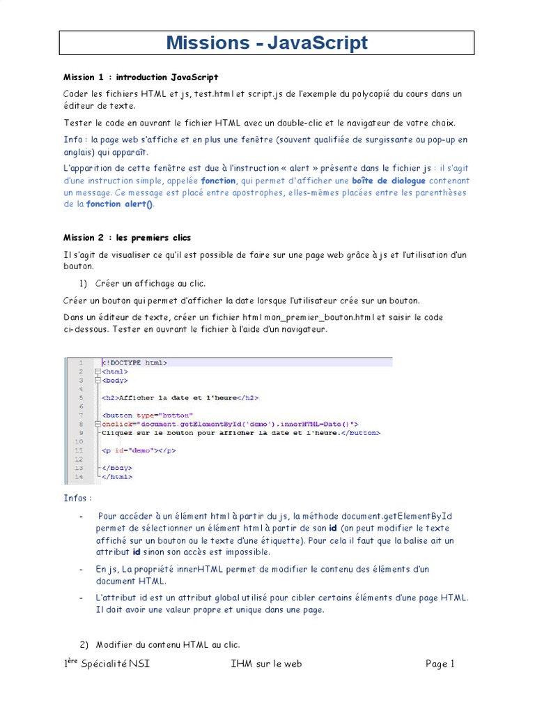 NSI 1ere MissionJs | PDF | Html | Élément HTML