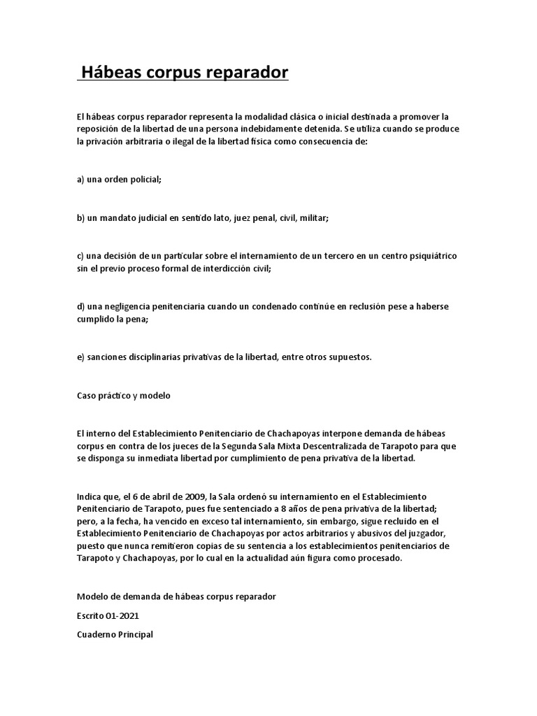 Modelo de Hábeas Corpus Reparador | PDF | Habeas corpus | Demanda judicial