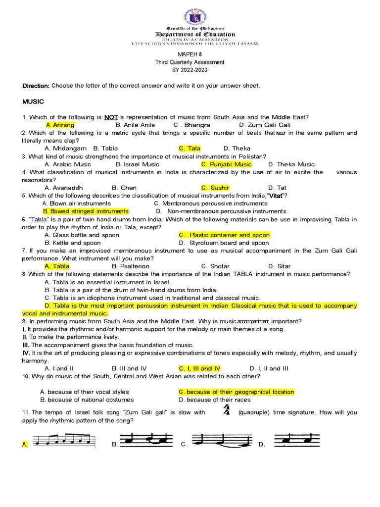 MAPEH 8 Third Quarter Assessment Guide | PDF | Songs | Carpet