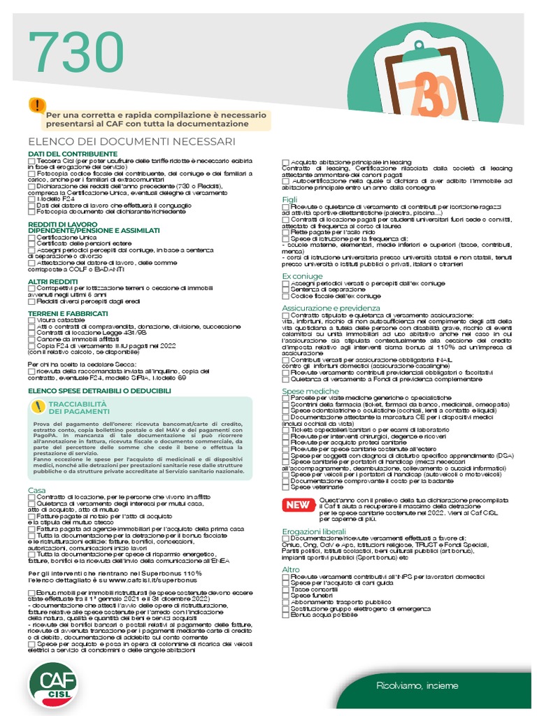 Caf Cisl Elenco Documenti 730 2023 PDF