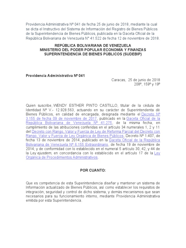 Providencia Administrativa #041 de Fecha 25 de Junio de 2018 | PDF