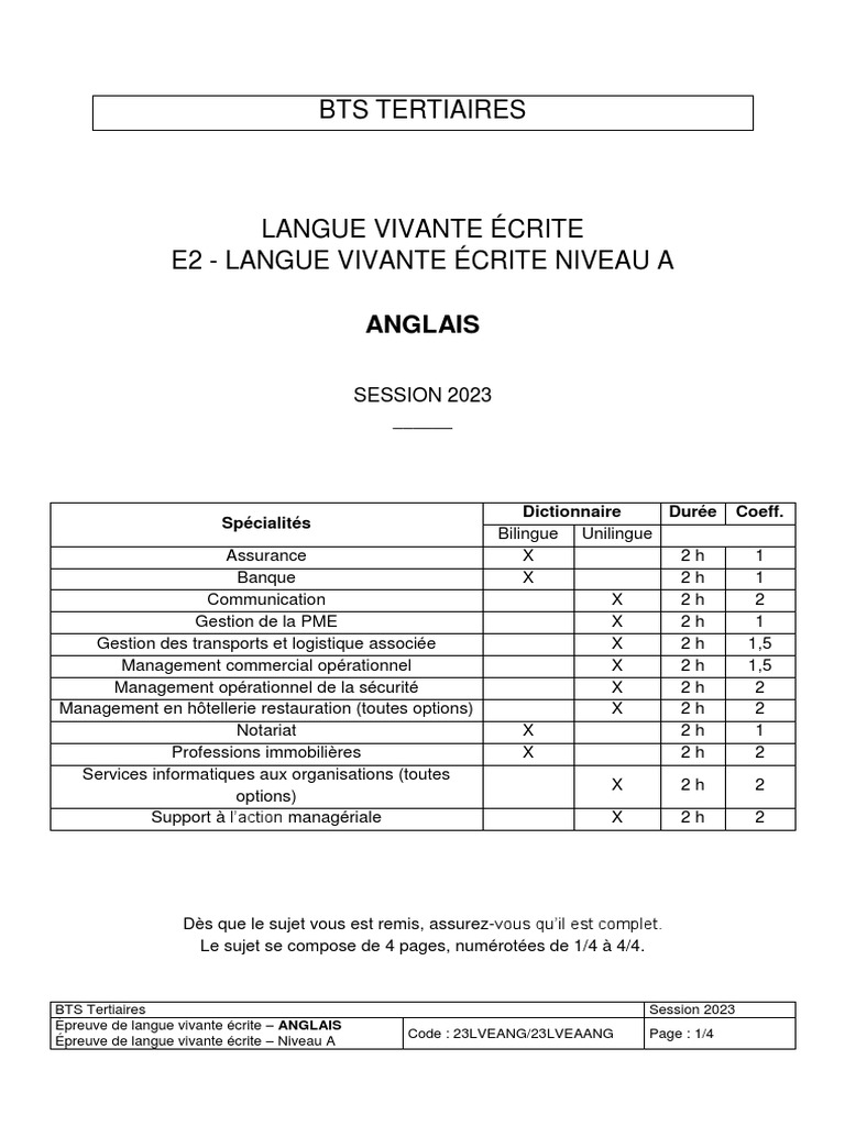 BTS 2023 - Mardi 16 Mai 2023 - LVA - Anglais | PDF | Emploi | Business
