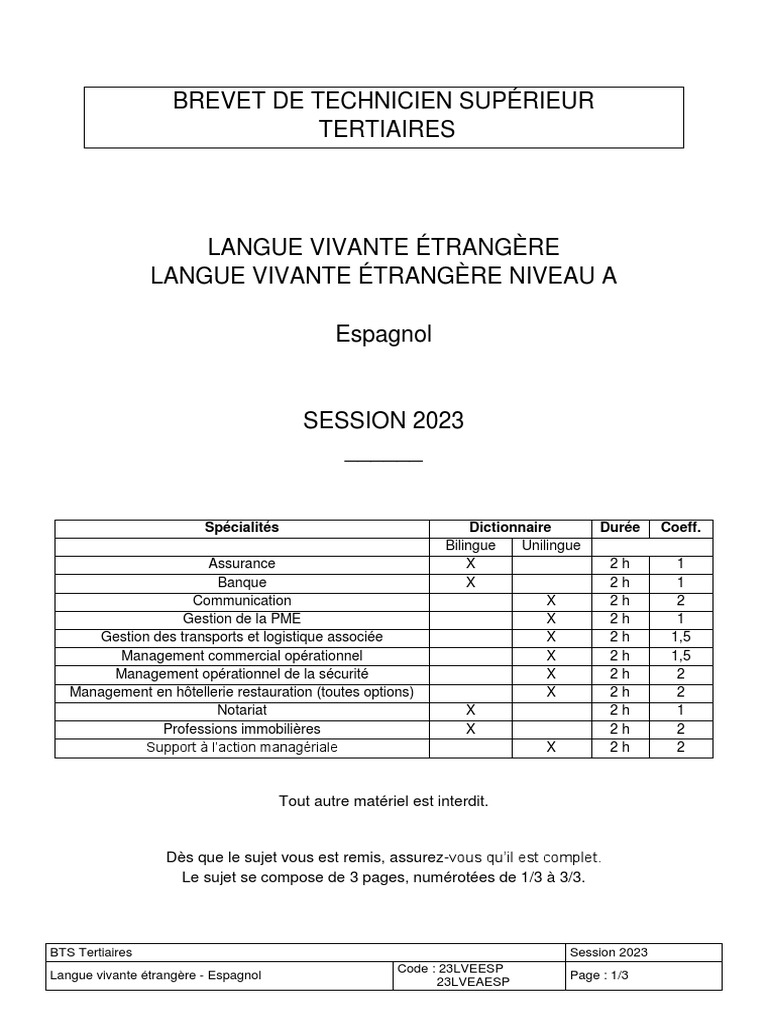 BTS 2023 LVA - Espagnol | PDF