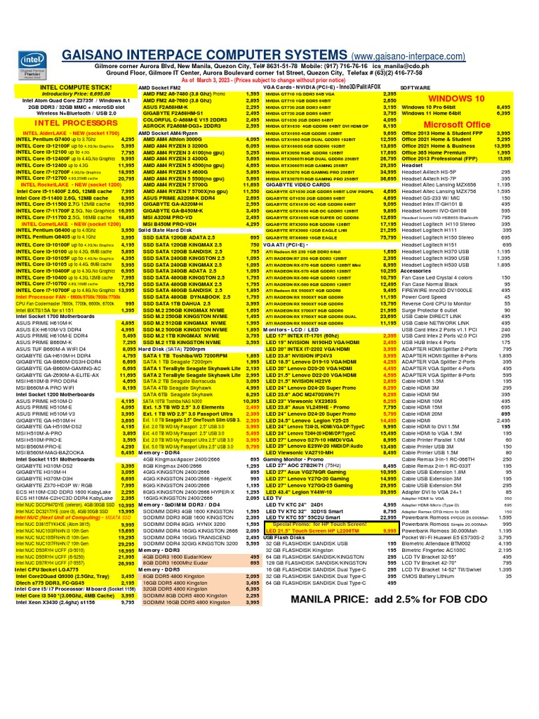 Gaisano Interpace Price List 2023 | PDF | Solid State Drive | Hdmi