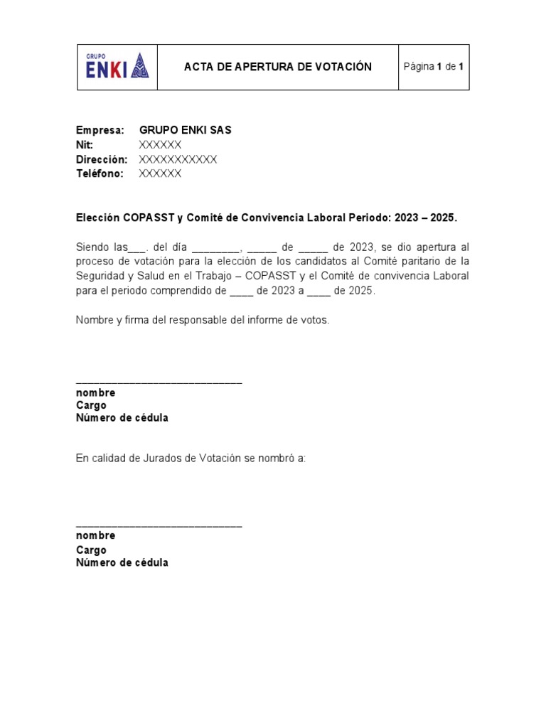Acta de Apertura Votación COPASST 2023-2025 | PDF