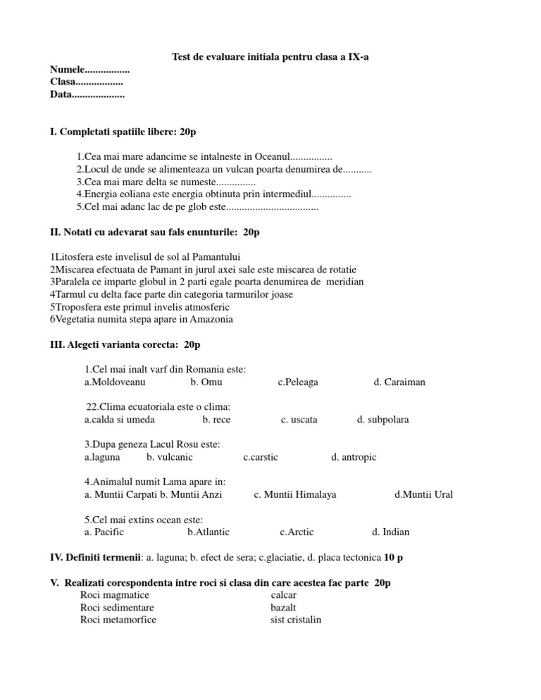 Test de Evaluare Initiala Pentru Clasa A IX A | PDF
