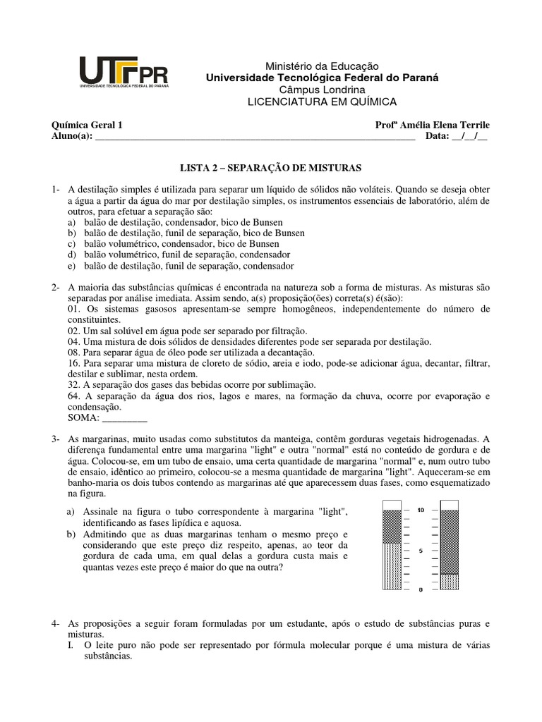Lista de exercícios sobre separação de misturas para o curso de Química ...