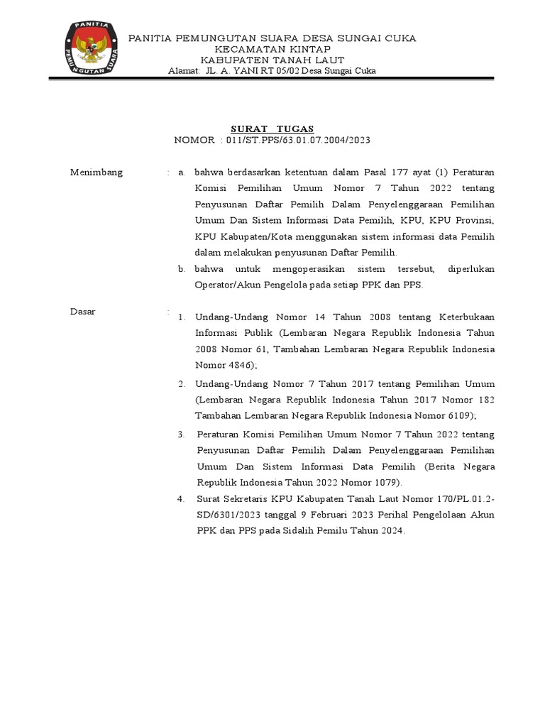 Contoh Surat Tugas Pengelola Akun Sidalih PPK PPS PDF