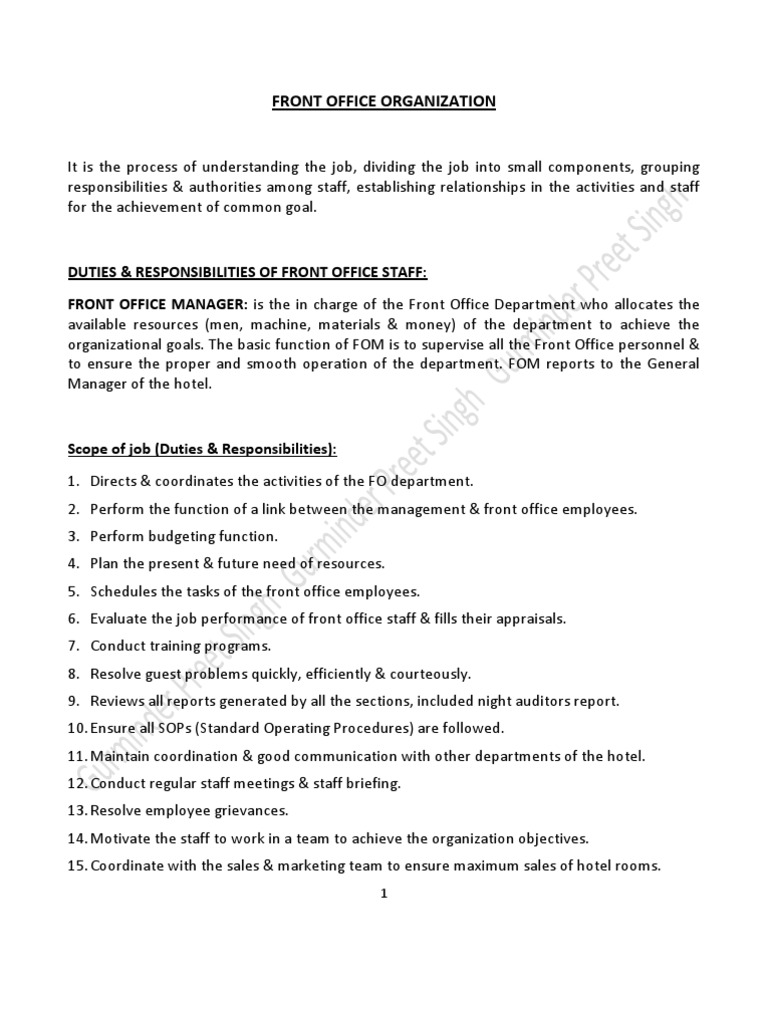 Duties & Responsibilities of Front Office Staff | PDF | Credit Card |  Financial Transaction