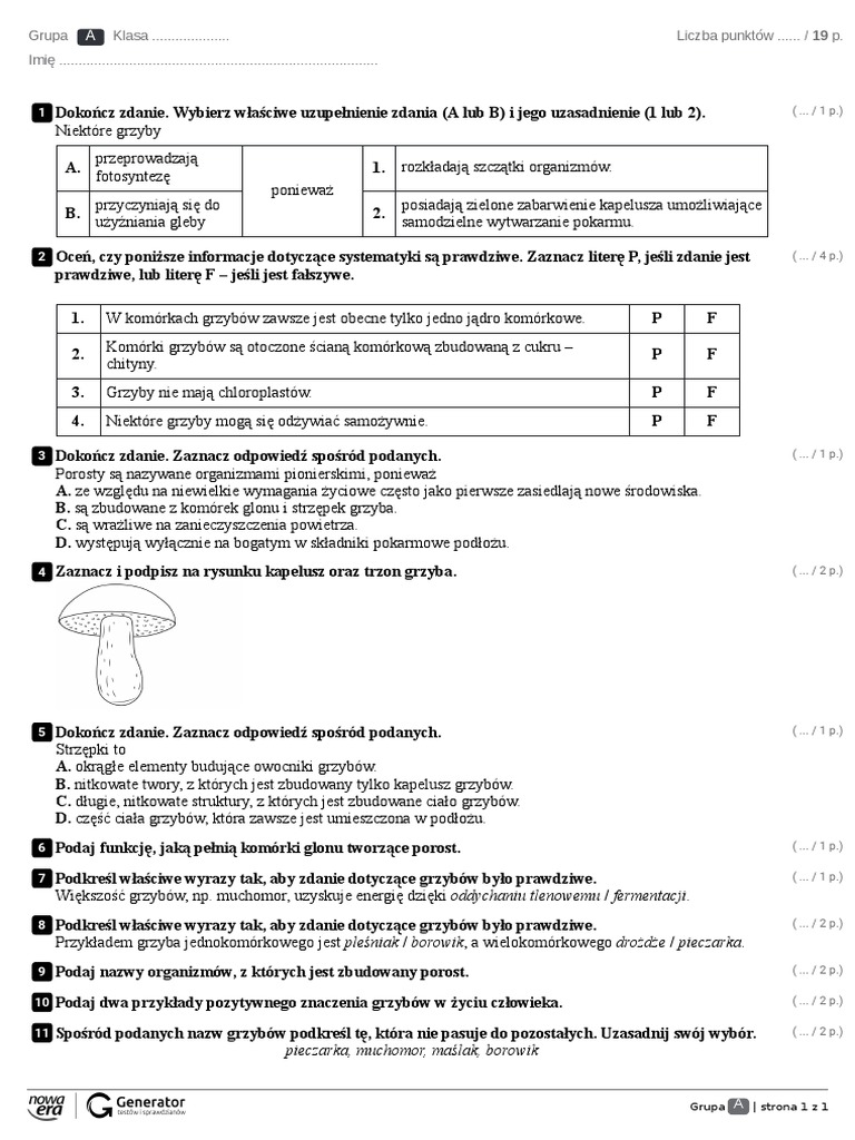 Wirusy Bakterie Protisty I Grzyby Sprawdzian 3.4 Grzyby I Porosty Test Z Widoczna Punktacja | PDF