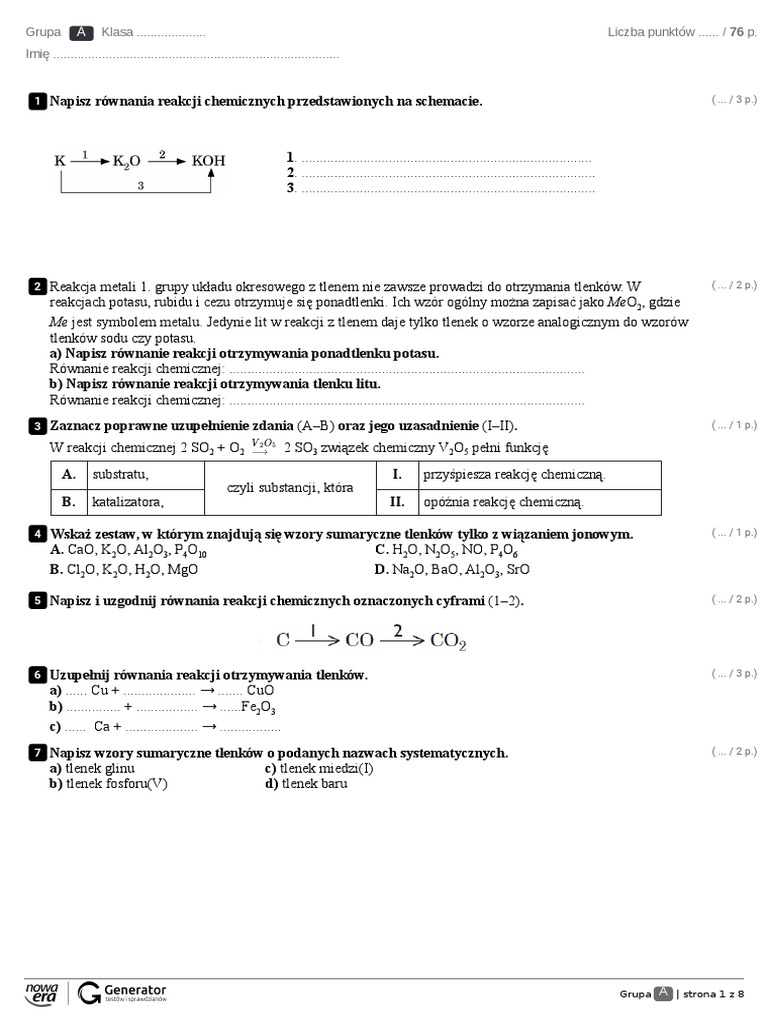 Tlenki I Wodorotlenki Klasa 7 6.tlenki I Wodorotlenki Test Z Widoczna Punktacja | PDF