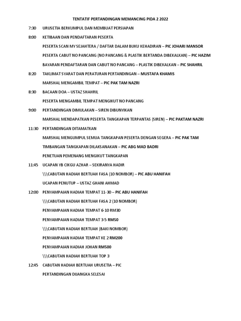 TENTATIF PERTANDINGAN MEMANCING PIDA 2 2022 | PDF