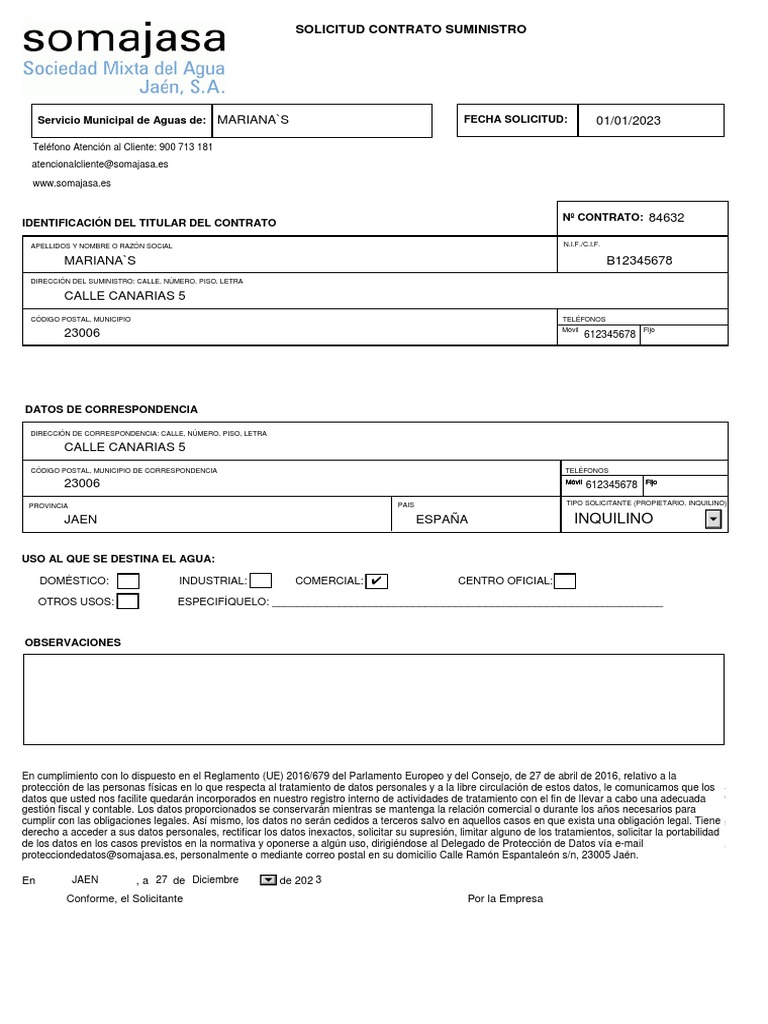 Solicitud de Contrato de Suministro de Agua | PDF
