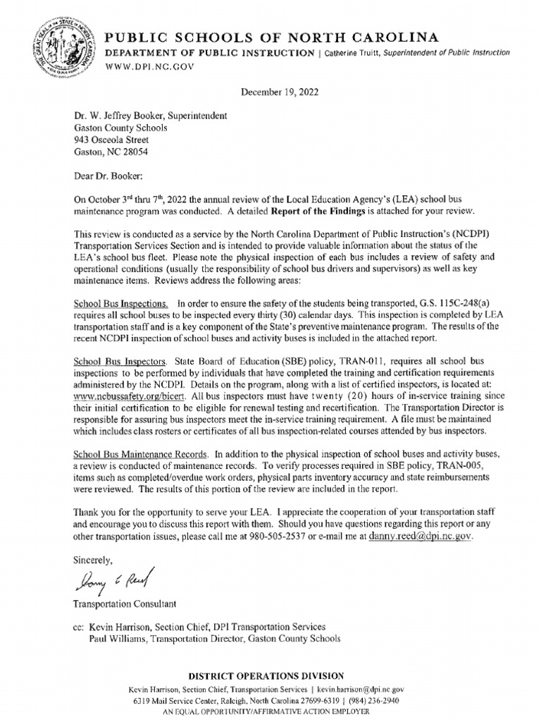 NCDPI Transportation Services Report Gaston County Schools PDF