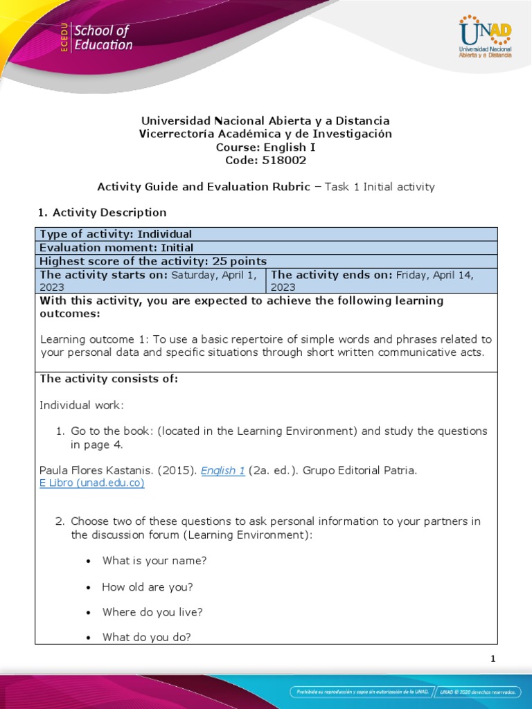 English I Task 1 Activity Guide | PDF