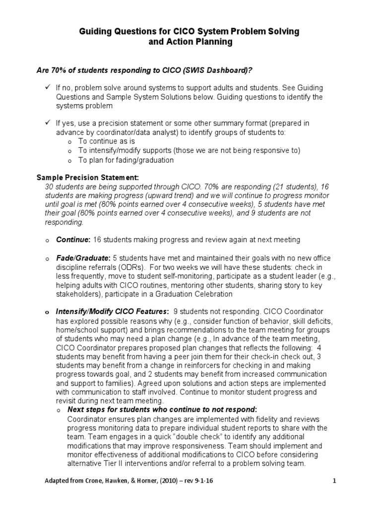 Guiding Questions For CICO Problem Solving Action Planning | PDF ...
