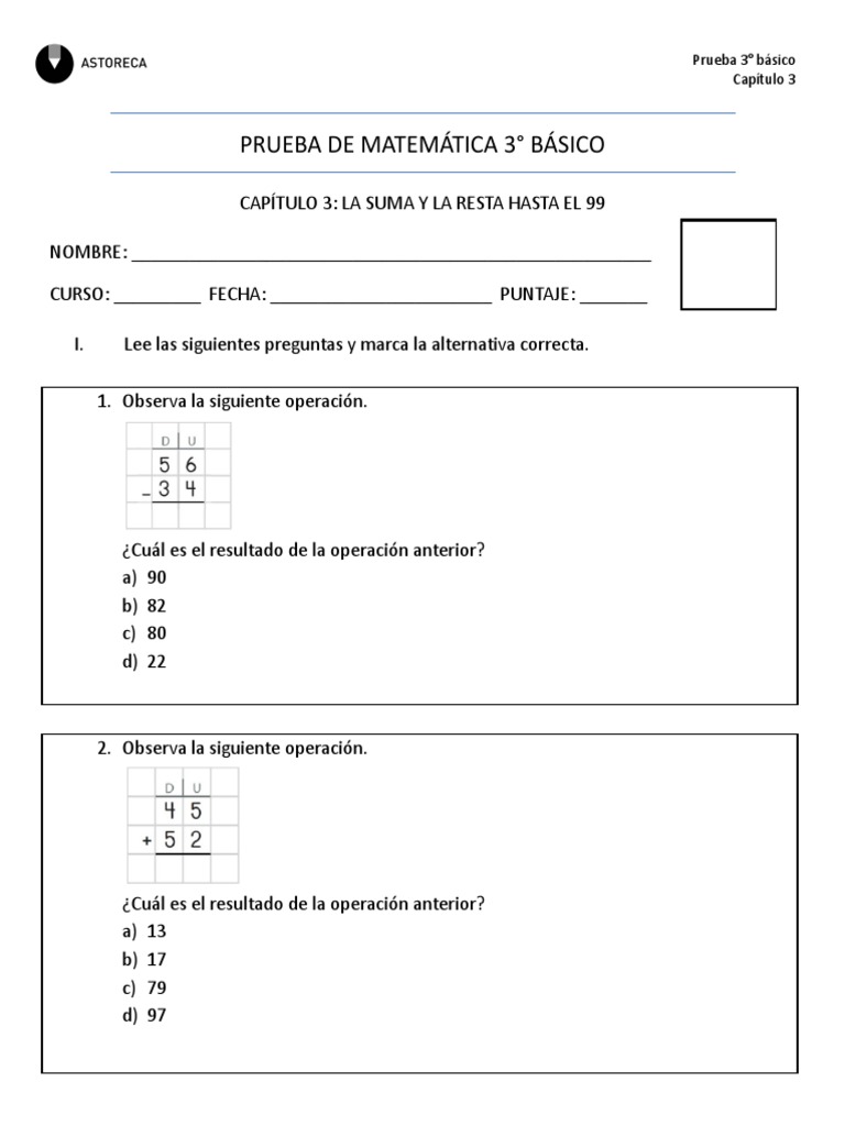 Prueba 3º CAP 3 La Suma y La Resta Hasta El 99 | PDF | Sustracción