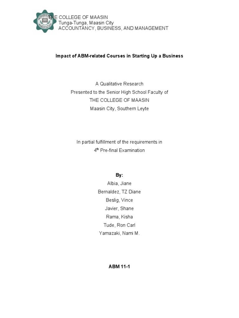 Abm 11 group 4 impact of abm related courses in starting up a business