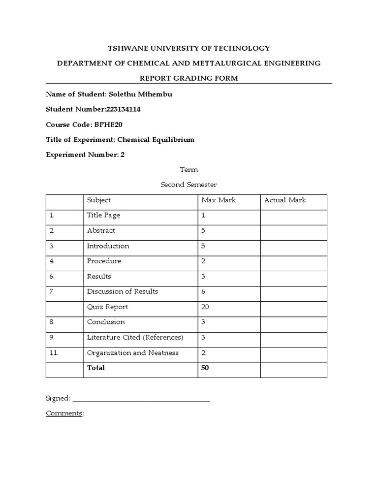 Chemical Equilibrium Lab Report PDF Chemical Equilibrium Chemical