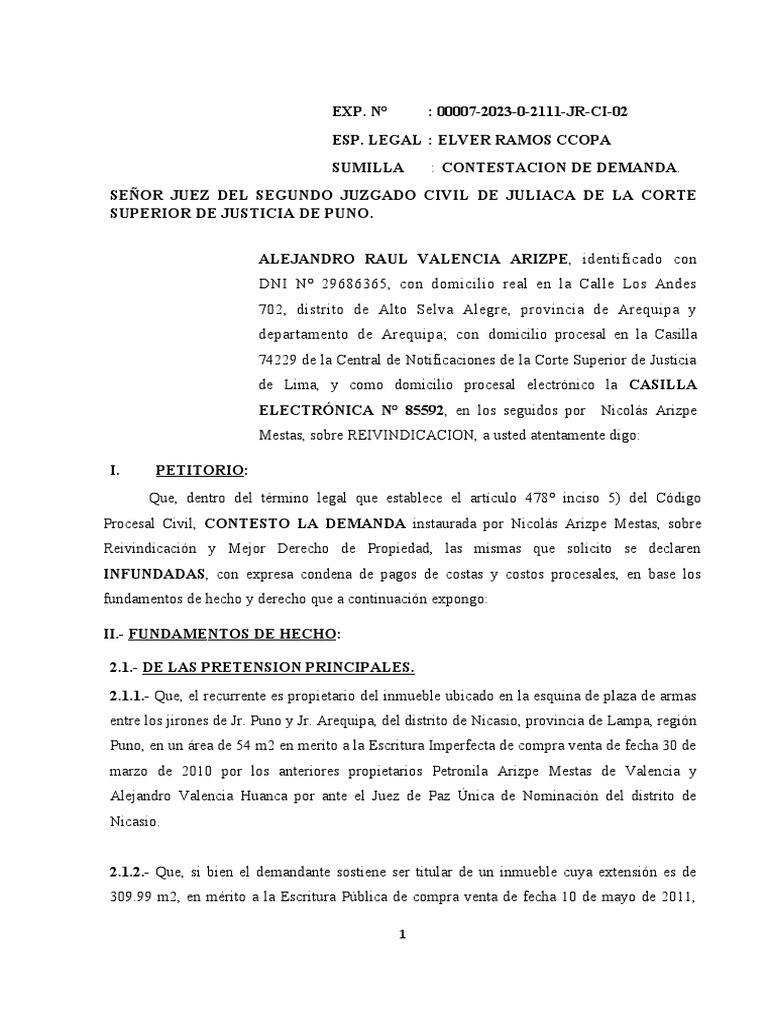 Contestación de Demanda de Reivindicación | PDF