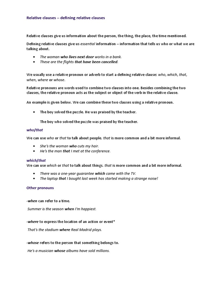 Defining Relative Clauses Explained | PDF | Clause | Pronoun