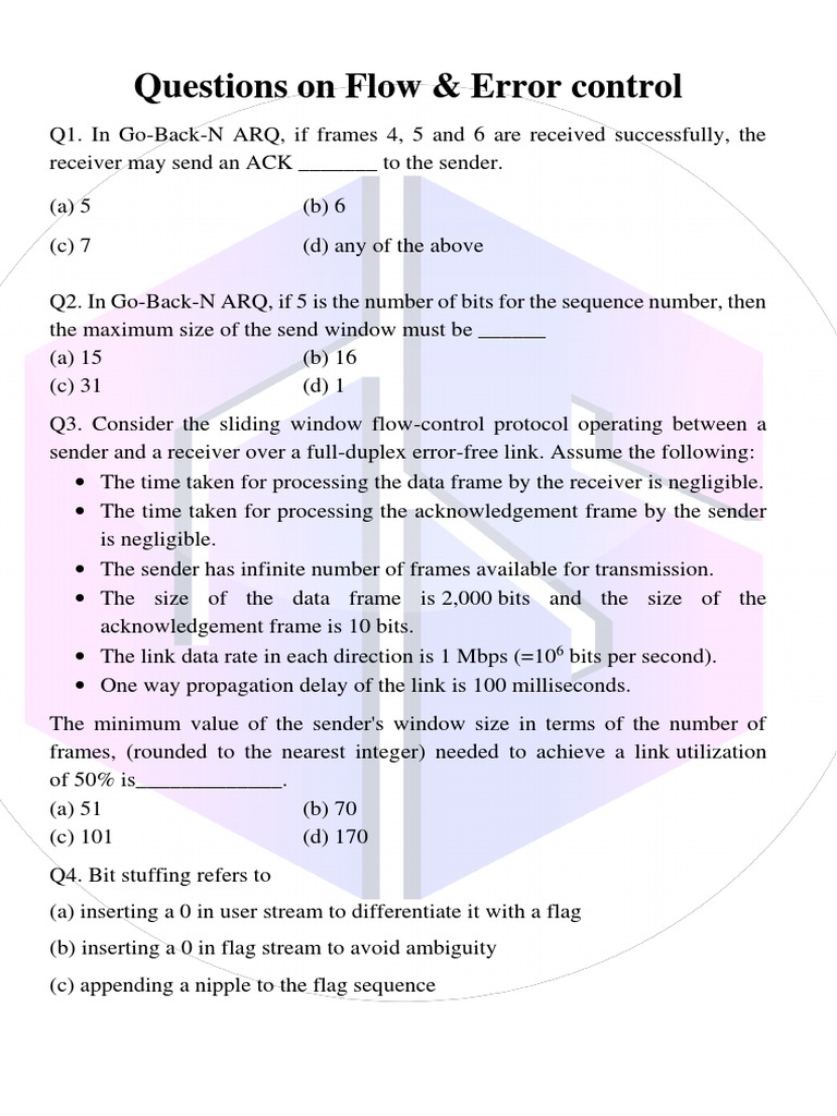 Questions on Flow & Error control | PDF | Internet Protocols | Computer ...
