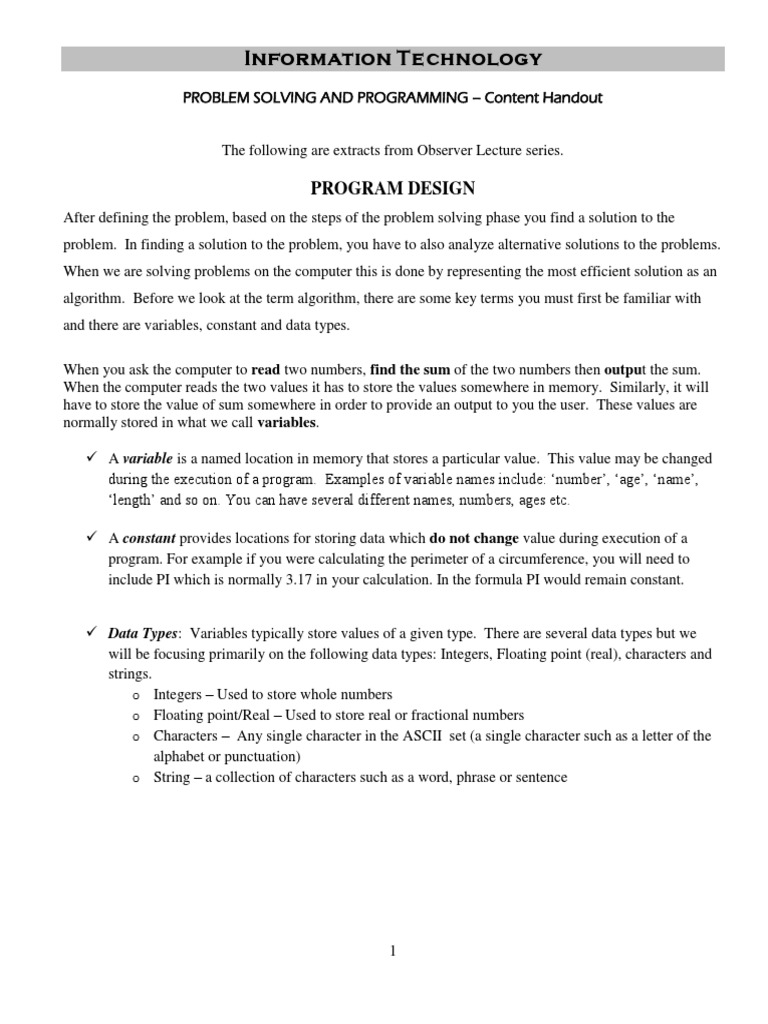 Problem Solving and Programming Content Handout | PDF | Programming ...