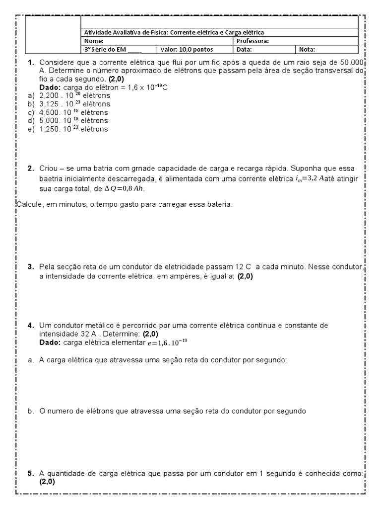Atividade sobre Corrente Elétrica 8º Ano | PDF