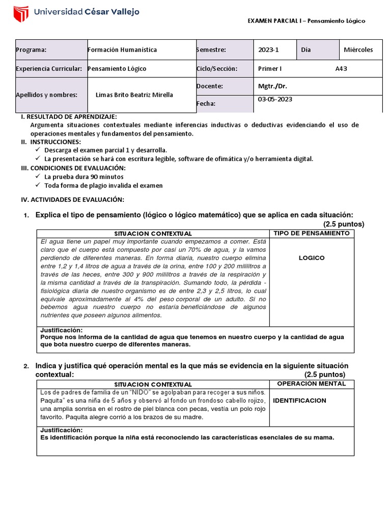 Examen Parcial de Pensamiento Lógico 2023 | PDF | Pensamiento ...