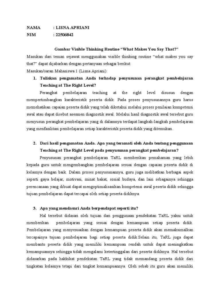 Analisis Visible Thinking Routine TaRL | PDF