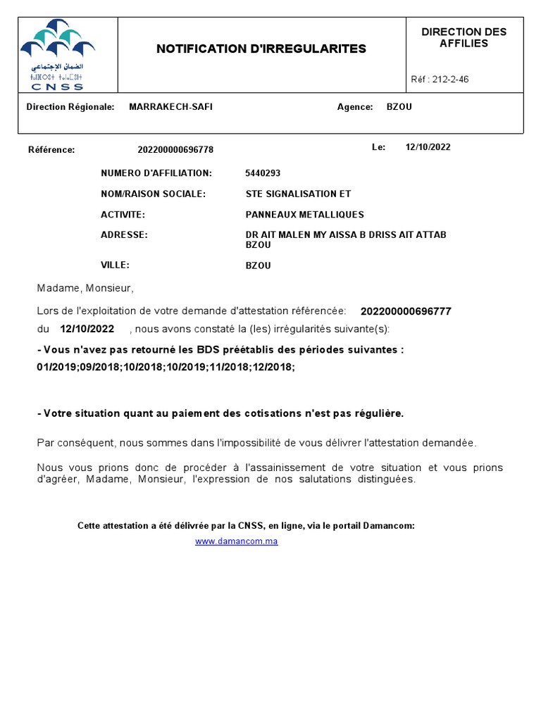 Notification d'irrégularités de cotisations | PDF