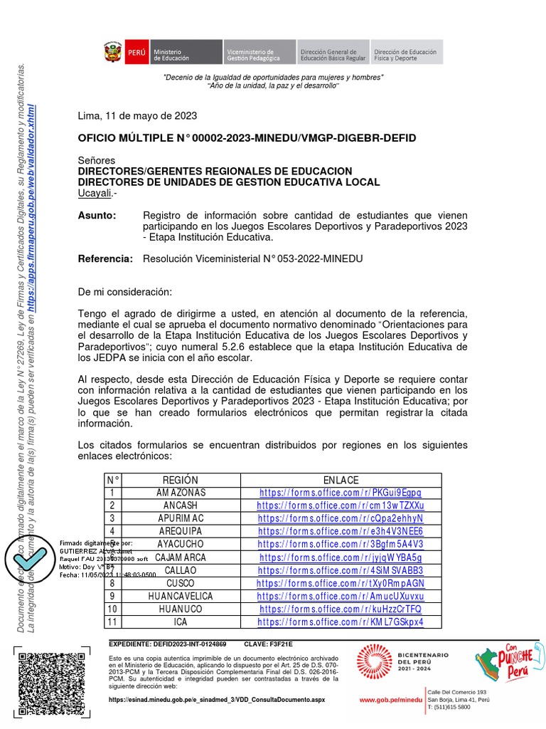 Oficio - Multiple 00002 2023 Minedu VMGP Digebr Defid | PDF
