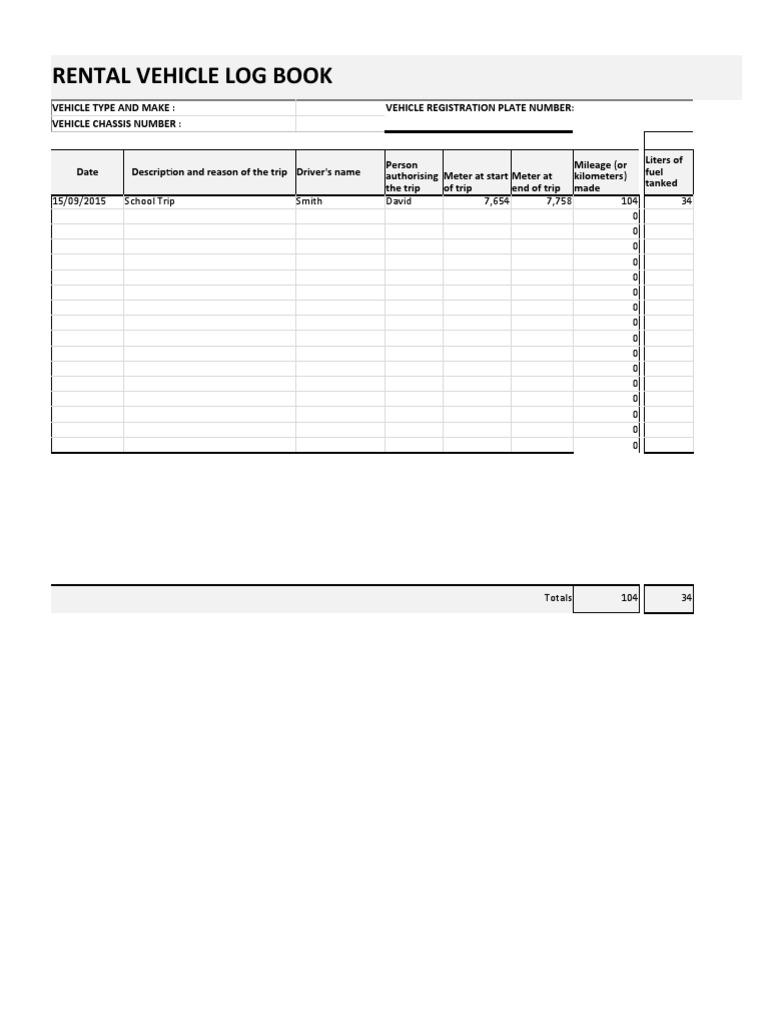 Rental Vehicle Log Book Template | PDF