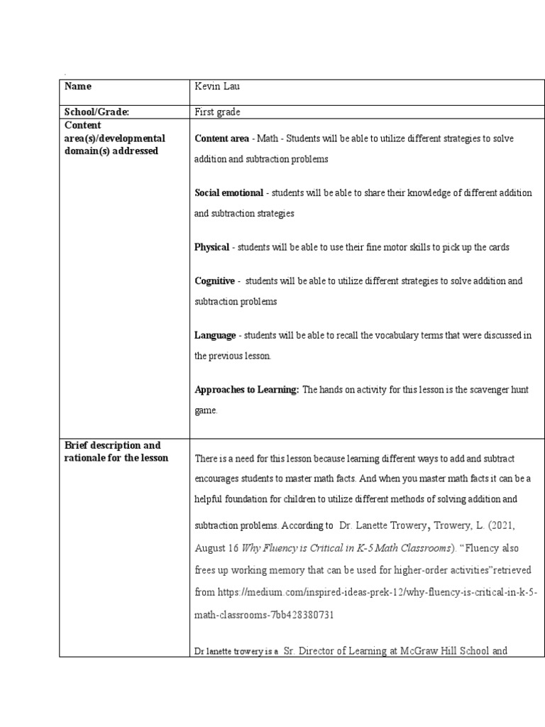 Kevin Lau - Lesson Plan 1 - Math - Science | PDF